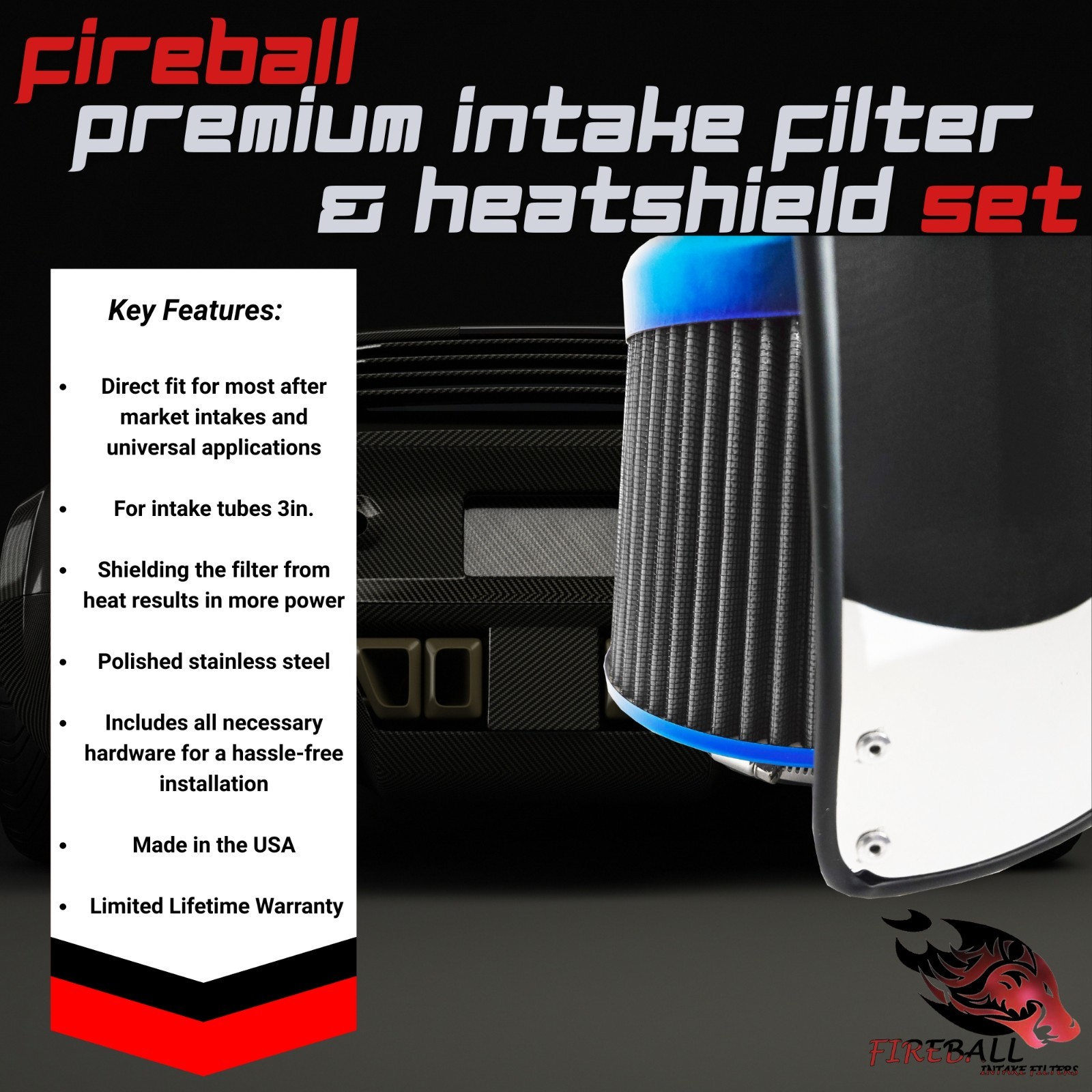 Reusable Cold Air Intake Filter and Heat Shield Kit Universal for Ferrari