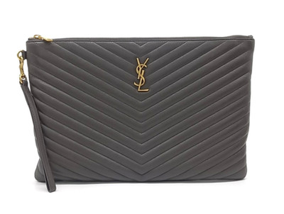 Saint Laurent Monogram Chevron Clutch Bag Large 440222 Black Pre-Owned