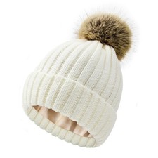 Satin Lined Beanie For Women Knit Winter Hats Silk With Detachable Pom Pom