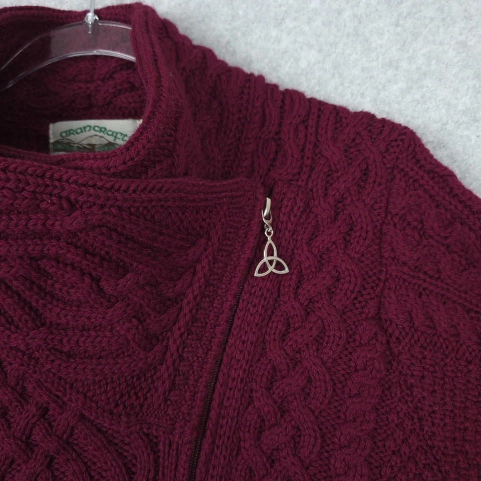 Suéter Aran Crafts para mujer M lana tejido con cable largo cremallera envolvente cárdigan borgoña Foto 4 de 4