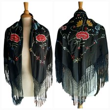 Vtg Floral Embroidered Piano Shawl 36"x36  9" Hand-knotted Fringe Black/Multi