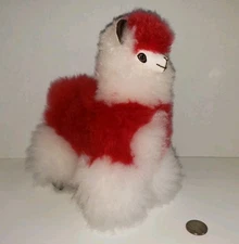 Alpaca Fur Plush Red White Llama 9" Very Soft Cute Toy Fuzzy Stuffed Animal