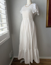 38-NWT-ZARA White Crochet Smocked Maxi Dress Round Neck Short Sleeve Size S