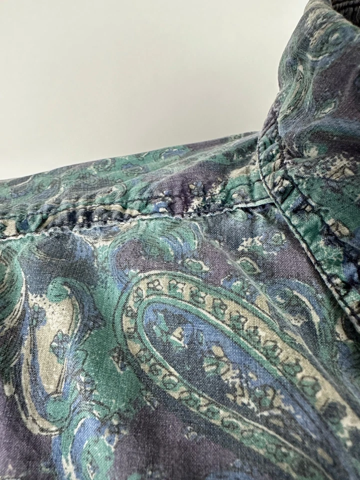 Camisa Paisley Vintage Años 80 Hombres XL Abotonada Desteñida Grunge Patín Floral Verde azulado Púrpura Foto 4 de 4