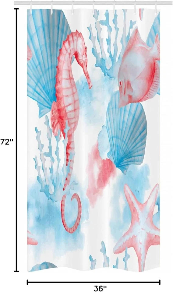 Ambesonne Puesto Náutico Cortina de Ducha, Conchas Caballo de Mar Corales Peces Playa de Arena Foto 4 de 4