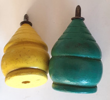 VINTAGE OLD WOODEN AND METAL TOPS YELLOW GREEN 1950-1960'S SPINNING WOODEN TOPS
