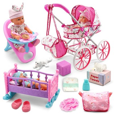Baby Doll Stroller Toys Set W/ 13'' Baby Doll, Doll's Bed, Dining Chair, 26 P...