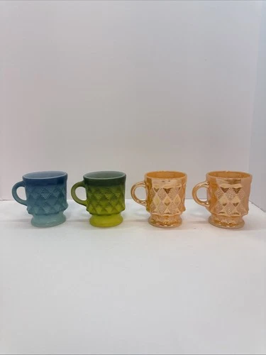 Vintage Set Of 4 Fire-King Kimberly Diamond Pattern Coffee Mugs Multicolor