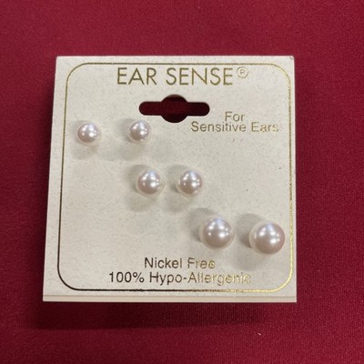 Ear Sense Nickel Free Set of 3 Pearl Stud Earrings For Sensitive Ears 