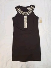 Michael Kors Chocolate Stretch Ponte Sleeveless Dress Gold Beads (0) NWT $169.50