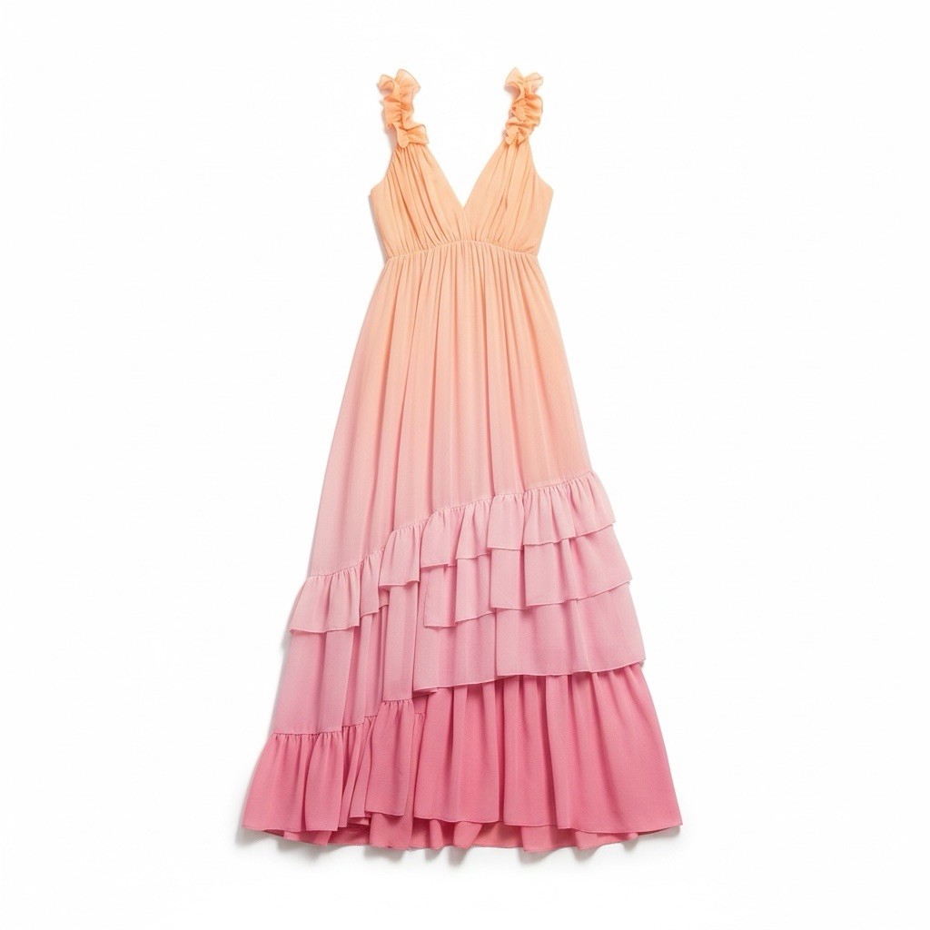 BHLDN Alivia Ombre Ruffle Maxi Dress Womens M V Neck Bridesmaid NWT