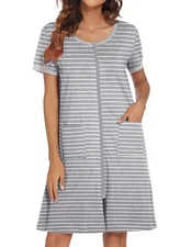 Women Zipper Front Robe Short Sleeves House Coat Zip Up Bathrobes Short Night...