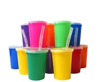 16 Small 12 Oz Plastic Cups Lids Straws Mix  2 ea of 8 Colors Made USA Lead Free