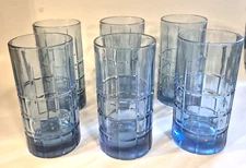 Anchor Hocking Tartan Blue Iced Tea Tumblers Glasses 16 OZ Vintage Set Of 6 EUC