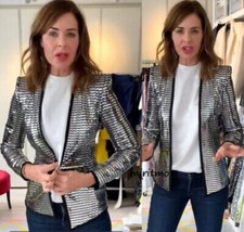 Giacca Zara argento paillettes spalla imbottita triangolo blazer scintillante taglia S trinny