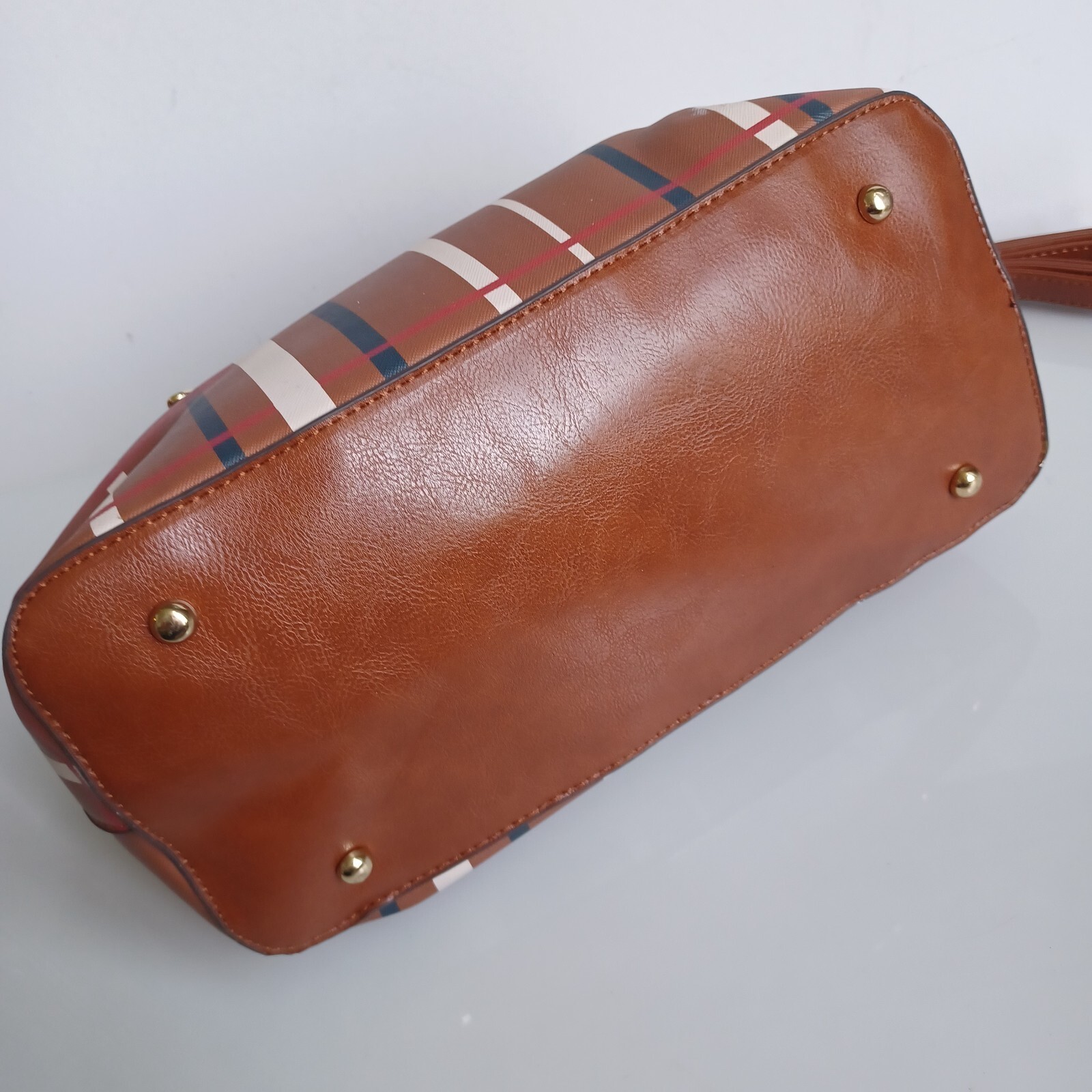 Di Vita Collection Brown Striped Plaid Shoulder Bag/Hand Bag with Fur Pom Charm