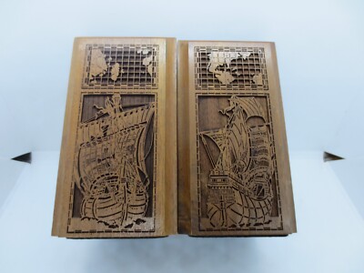 Pair Solid Walnut Laser Engraved Bookends Pirate Ship / Map  Lasercraft USA Wood