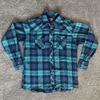 Wrangler Button Down Long Sleeve Size XLT Tall Blue Plaid Pearl Western Cowboy