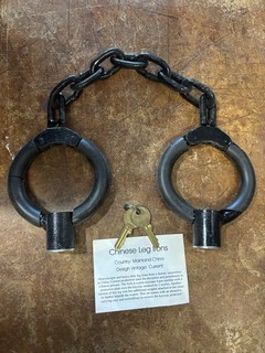 Vintage Handcuffs Chinese Leg Irons w/ Protective Plate Over Keyway Comes w/ Key