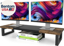 Dual Monitor Stand Riser, Wood and Steel Multi-Purpose Desktop Storage Stand for