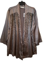 Chico  s Traveler Satin Beaded Sunburt Open Front Jacket Cinder Gray Size 2 L NWT