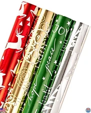 WRAPAHOLIC Jumbo 30" Christmas Wrapping Paper Set - 4 Rolls, Red, Green, Gold,