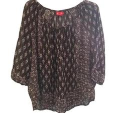 ELLE Blouse Women L Black White Floral Sheer Button Scoop Neck 3/4 Sleeve Boho