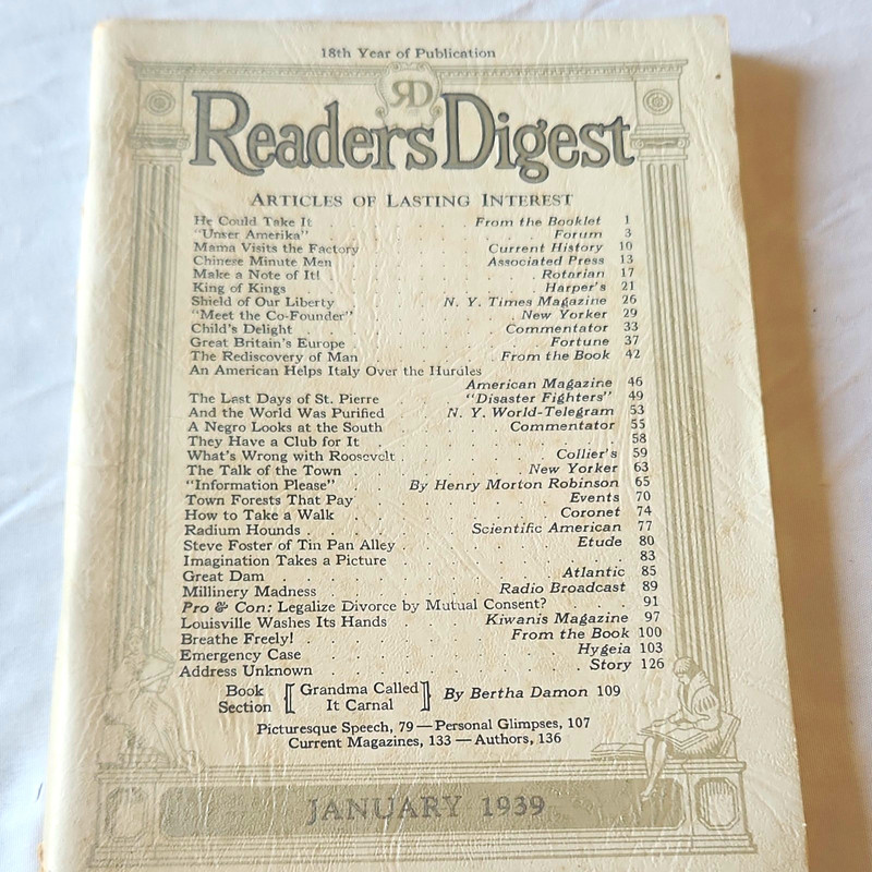 Reader's Digest January 1939 Vintage General Interest Magazine - Bertha Damon