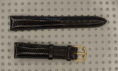 NEUF bracelet montre cuir veau façon lézard 17mm SUISSE noir boucle doré