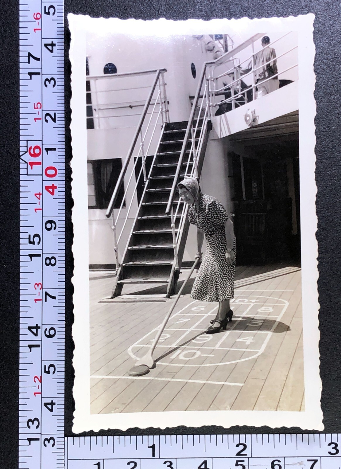 Woman Playing Shuffle Board Cruise Ship Upper Deck Fashion Photo Snapshot Cues