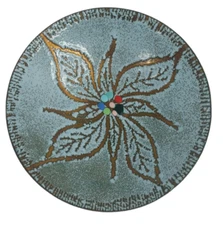 Enameled Brass Bowl Poinsettia Flower Design Blue Gray 7 1/2" MCM Vintage