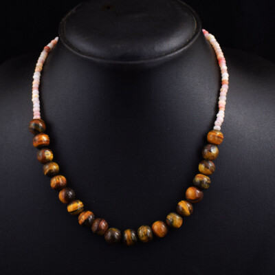 127 Cts Natural Tiger Eye & Australian Opal Beads Necklace Jewelry JK 13E403
