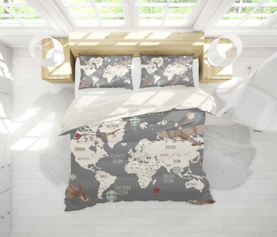 3D World Map Airplane Balloon Grey Quilt Cover Set Bedding Sets Pillowcases 64