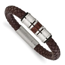 Mens 8.25 Stainless Steel Polished Brown Leat...