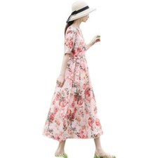 Femme Imprimé Floral Robe Demi Manche Chinois Ethnique Cordon Qipao Décontracté