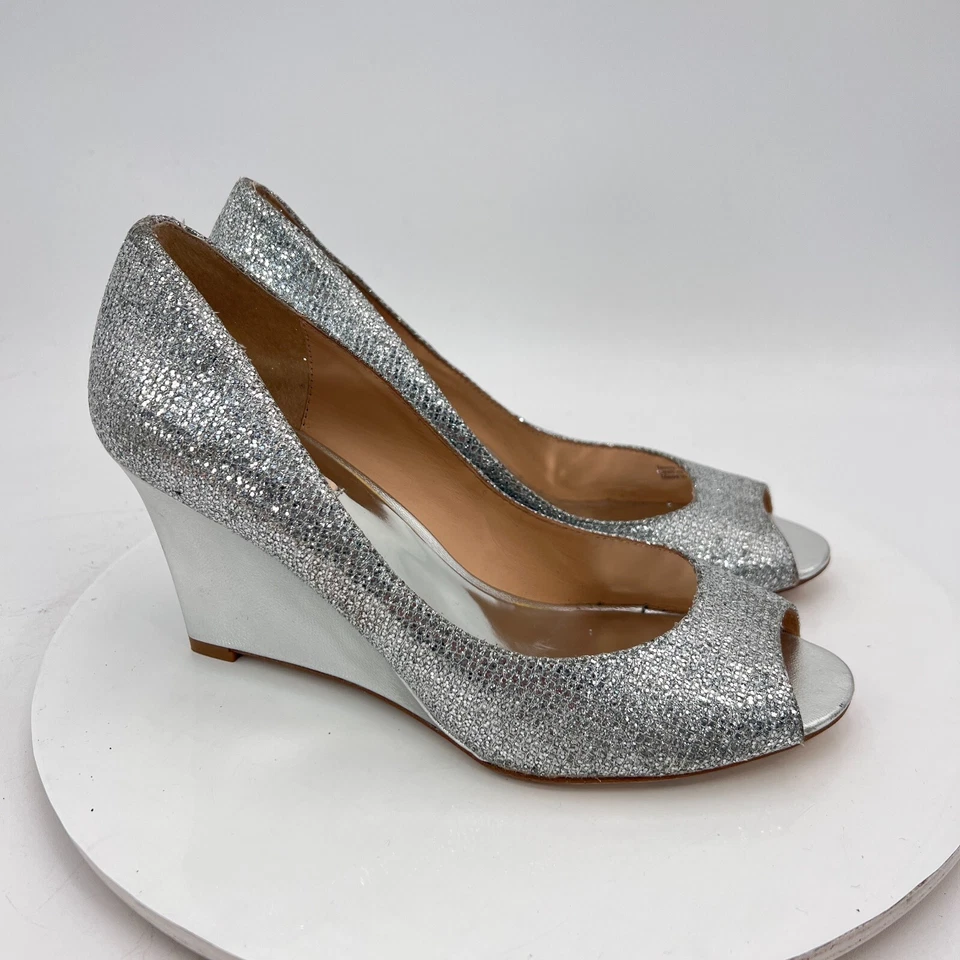 Badgley Mischka Women Size 9 Metallic Silver Glitter Open Toe Wedges Shoes - Image 4 of 4