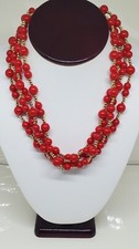 Vintage Red Lucite Beaded Necklace Multi Strand Gold Tone Beads 16"