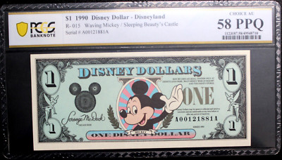 1990 $1 MICKEY DISNEY WORLD  DISNEY DOLLARS PCGS 58 PPQ ALMOST  UNCIRCULATED