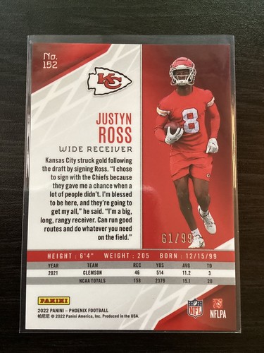 Justyn Ross 2022 Phoenix Football Orange Holo RC #152 61/99 Kansas City Chiefs - Picture 2 of 2