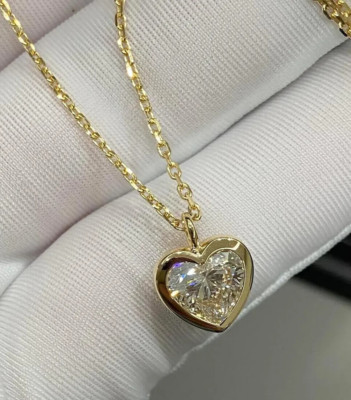 2Ct Heart Cut VVS1 Moissanite Bezel Pendant 18'' Chain 14K Yellow Gold Plated
