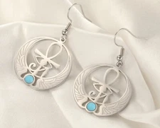 Stainless Steel Ankh Eye of Horus Wings of Isis  Earrings with Turquoise  (1 pr)