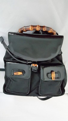 GUCCI BLACK PATENT & LEATHER BACKPACK WITH BAMBOO & SILVER 
