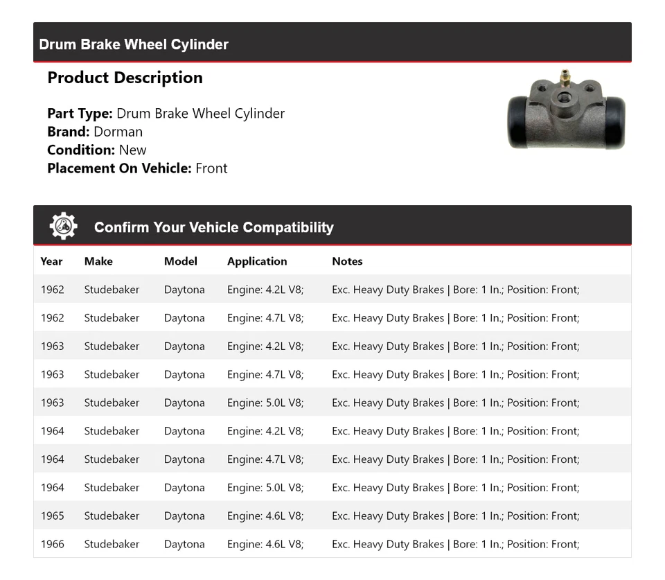 Cilindro de rueda de freno de tambor delantero 1963 para Studebaker Daytona Dorman 1962-1966 Foto 2 de 3