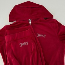 Juicy Couture Tracksuit Womens Medium Red Velour 2 Piece Hoodie Pants Rhinestone