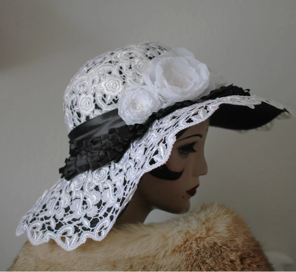 Designer Lace Wide Brim Kentuckey Derby Sun Hat in Black and White - Image 4 of 4