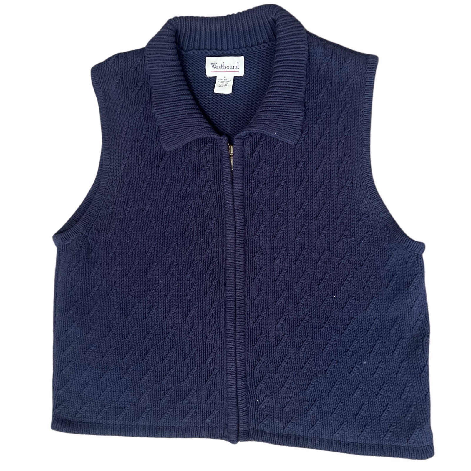 Westbound Navy Knit Full Zip Sleeveless Sweater Vest Size L