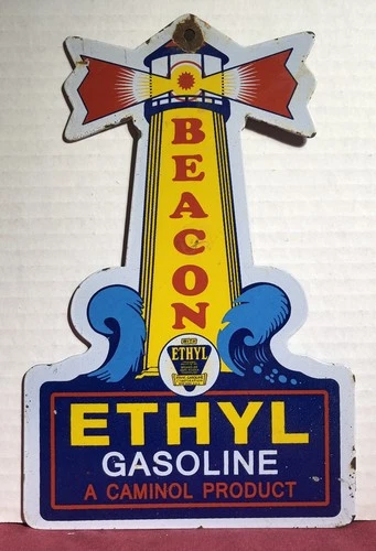 VINTAGE BEACON ETHYL GASOLINE 10” PORCELAIN SIGN GAS OIL LIGHTHOUSE