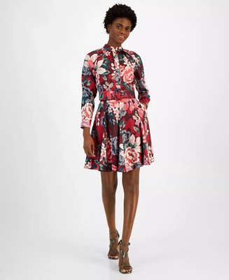 Tahari ASL Women's Dress Sz 4 Mock-Neck Long-Sleeve Belted Fit &