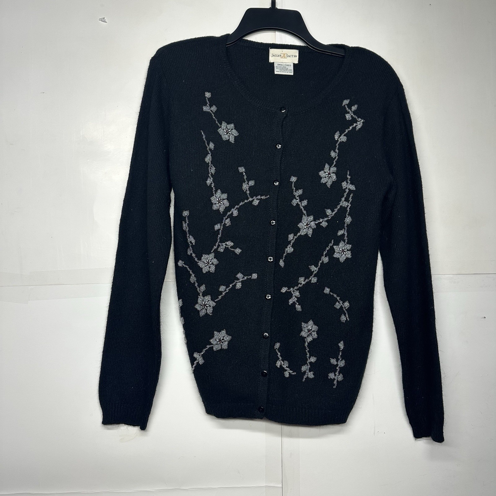 Women’s Jaclyn Smith Cardigan Sweater Size S Black Floral Embroidered