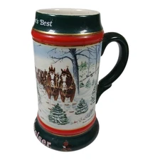 1991 Budweiser Beer Stein Christmas Holiday Clydedales Horses Wagon snow Scene